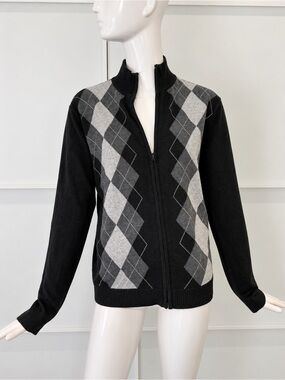 VROOM & DREESMANN Men’s M Black Gray Argyle Full Zip Mock Neck Sweater